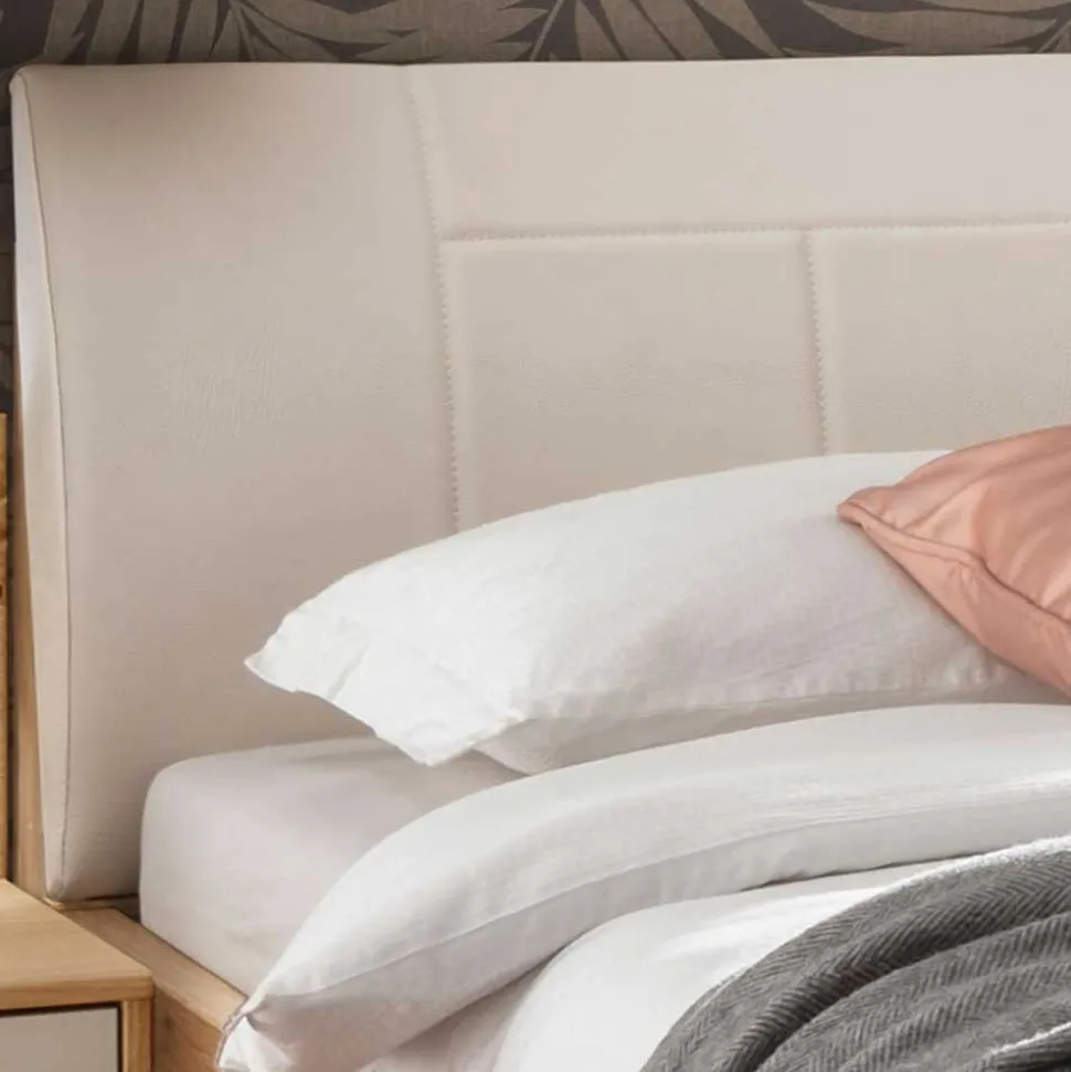 Einzelbett mit Kunstleder Kopfteil in Beige - Emdsiva