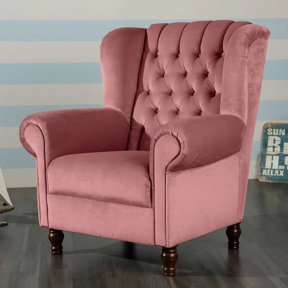 Federkern-Ohrensessel in Rosa und Nussbaum Braun - Masiela