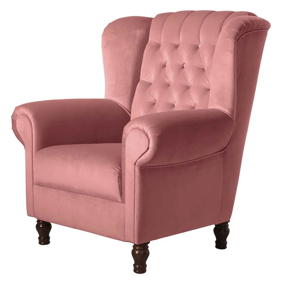 Federkern-Ohrensessel in Rosa und Nussbaum Braun - Masiela