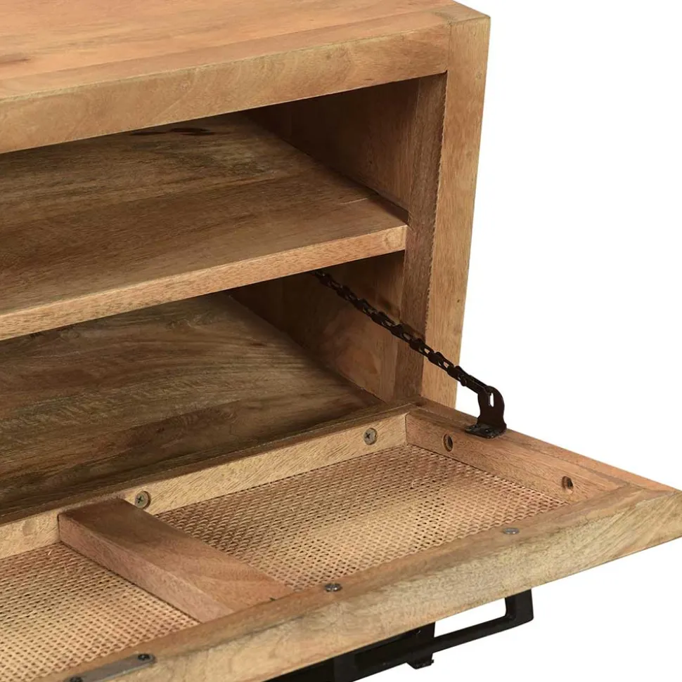 Flurbank mit Schuhklappe aus Holz & Rattan Geflecht - Lazianus