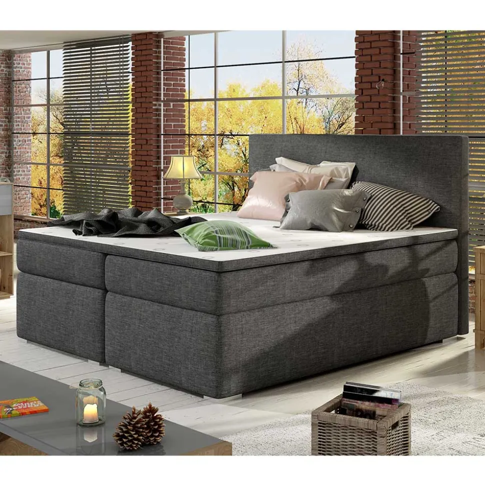Gepolstertes Bett mit Stoffbezug in Dunkelgrau - Rotrel