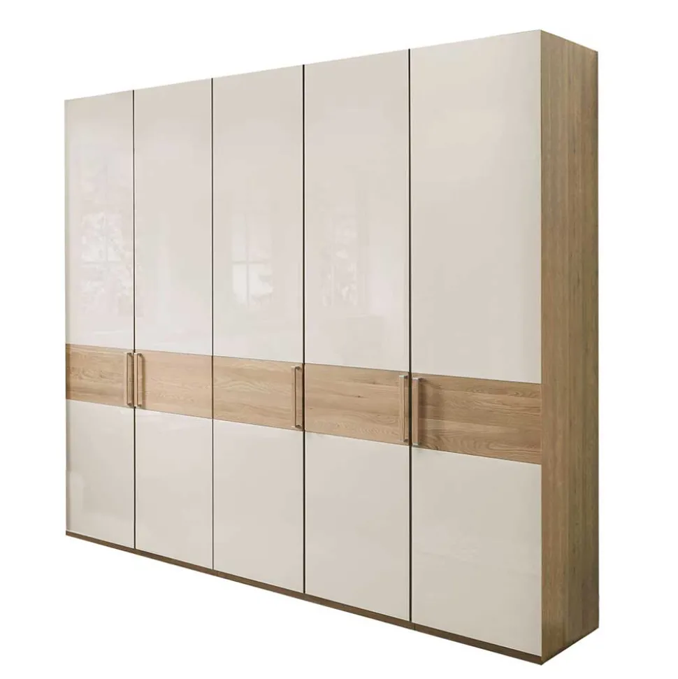 Glasfront Kleiderschrank in Beige & Eiche - Emdsiva