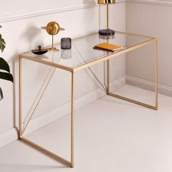 Glas-Schreibtisch mit Bügelgestell in Gold - Limgo