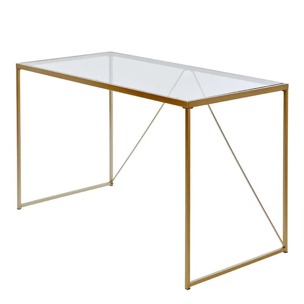 Glas-Schreibtisch mit Bügelgestell in Gold - Limgo