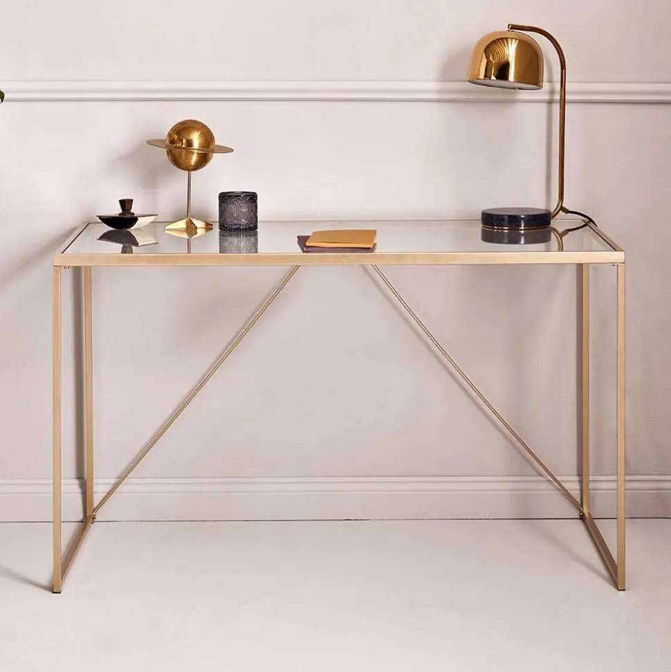 Glas-Schreibtisch mit Bügelgestell in Gold - Limgo