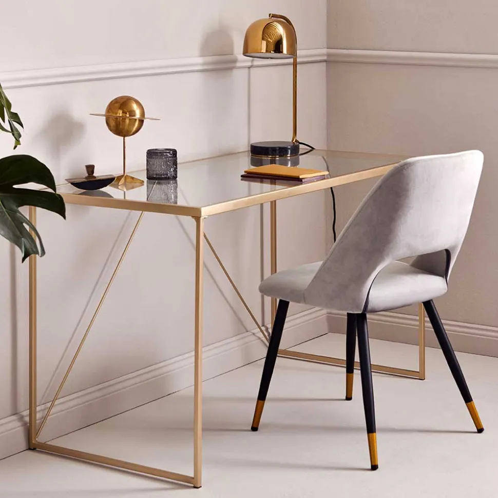 Glas-Schreibtisch mit Bügelgestell in Gold - Limgo