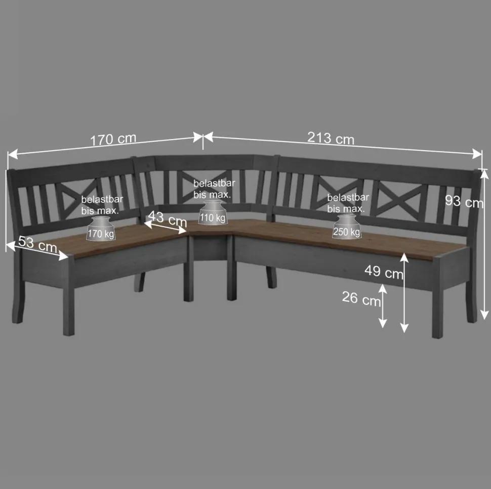 Graue Holz Eckbank Jytte mit Truhe