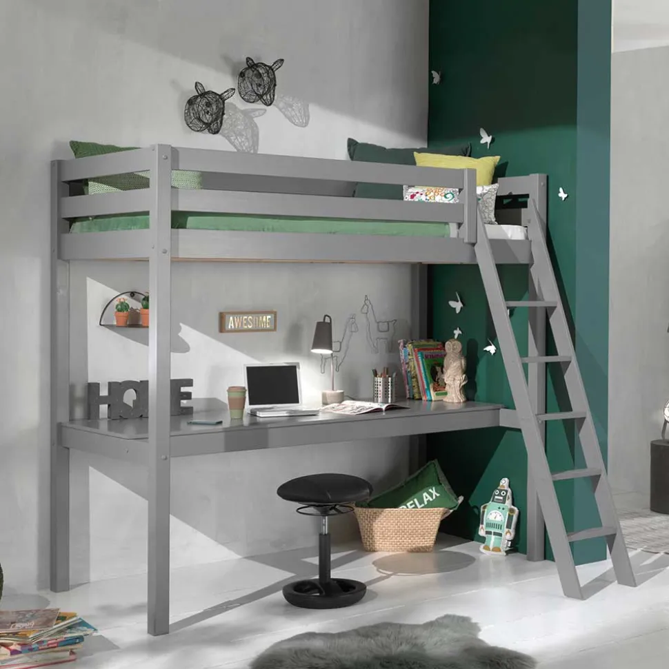 Graues Hochbett mit Schreibtisch Arbeitsplatz - Tollow