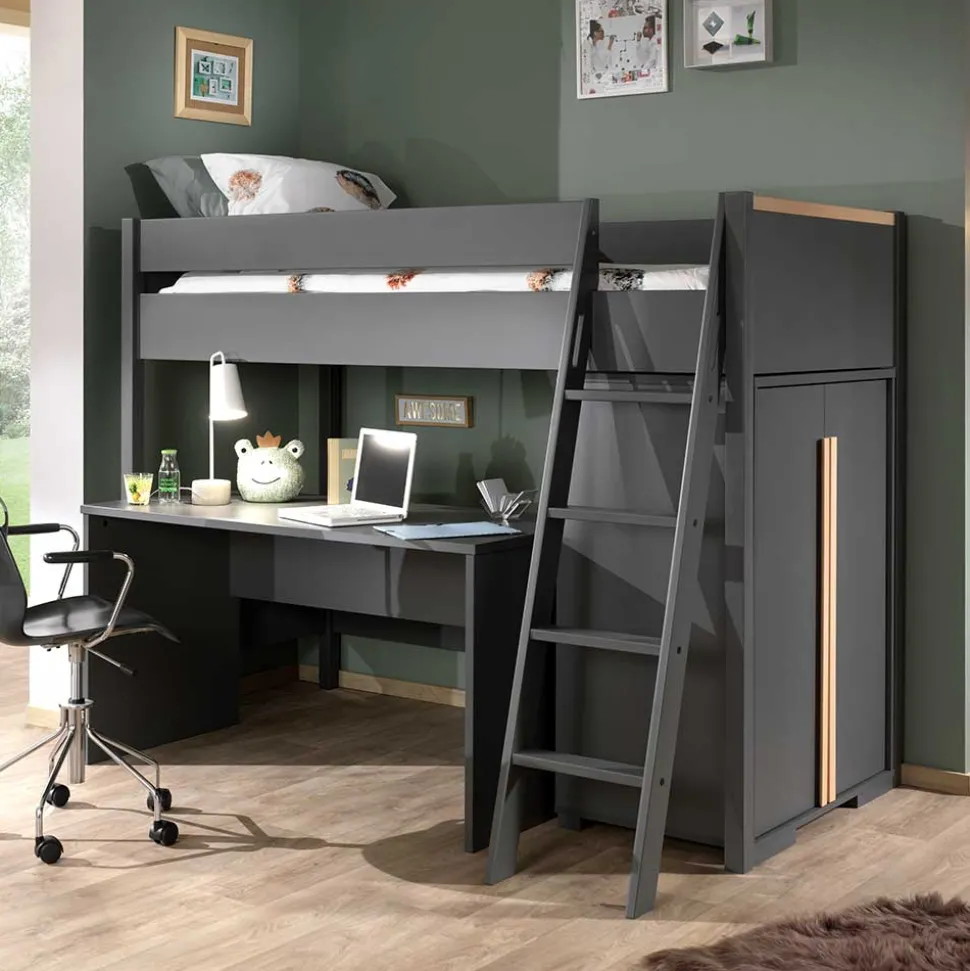 Graues Hochbett mit Schreibtisch - Mystik (dreiteilig)