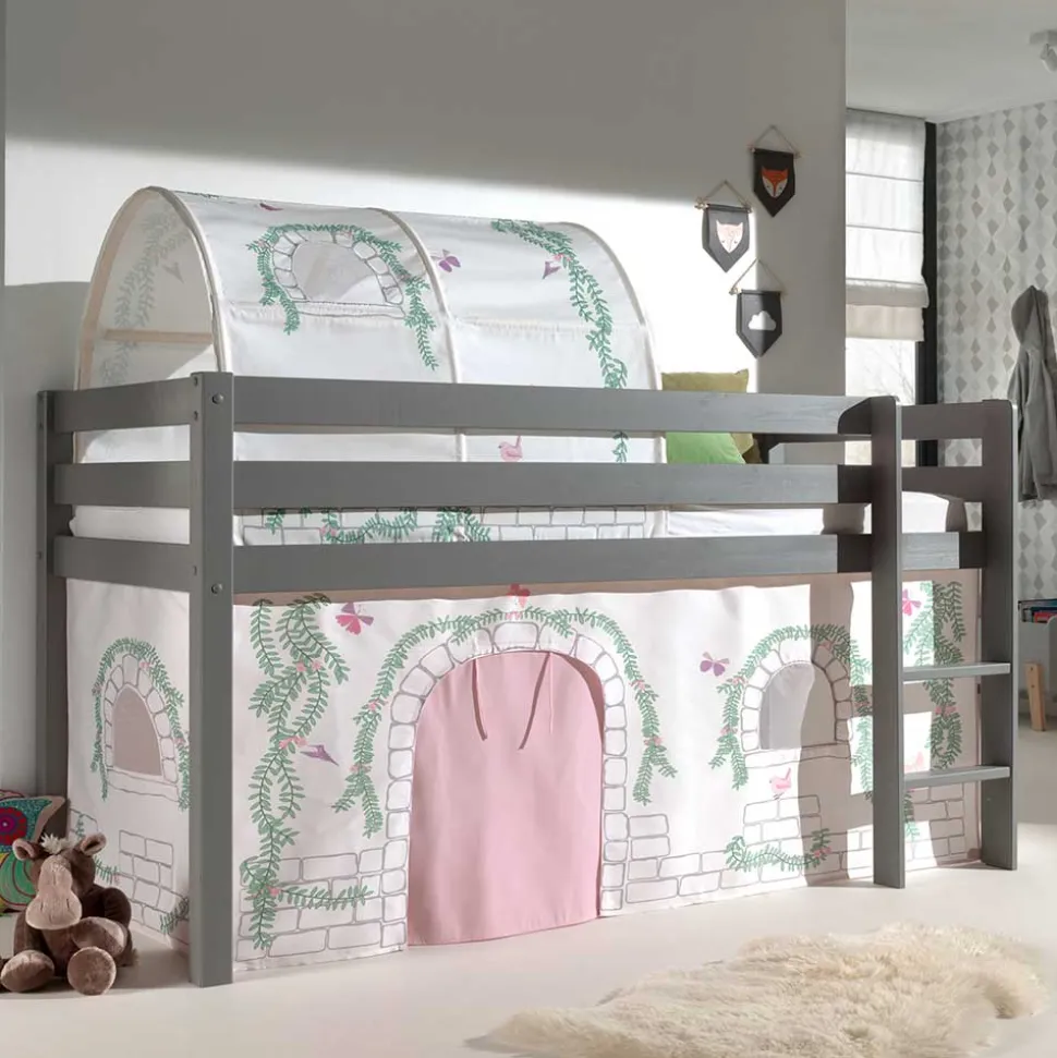 Graues Hochbettgestell mit Spieltunnel & Vorhang - Sercan