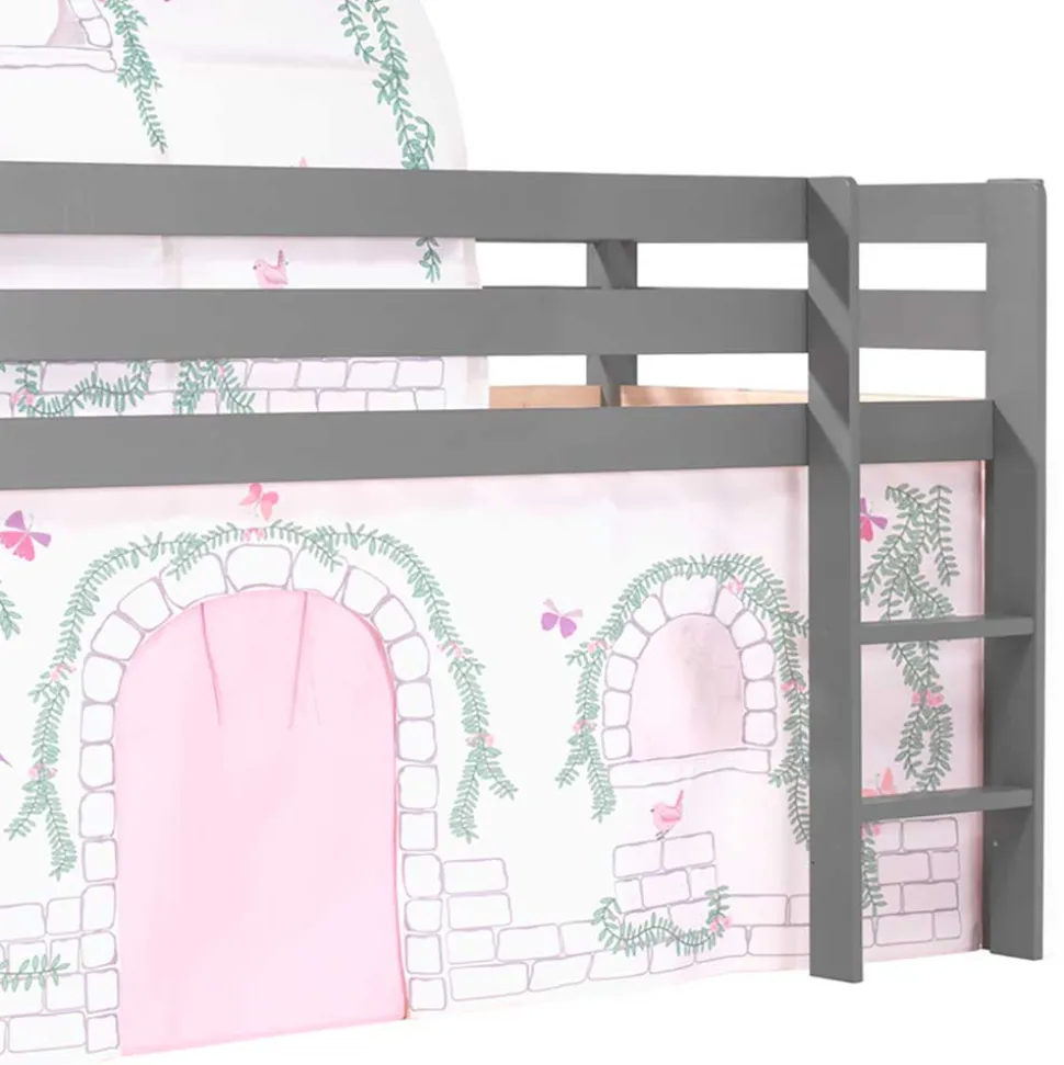 Graues Hochbettgestell mit Spieltunnel & Vorhang - Sercan