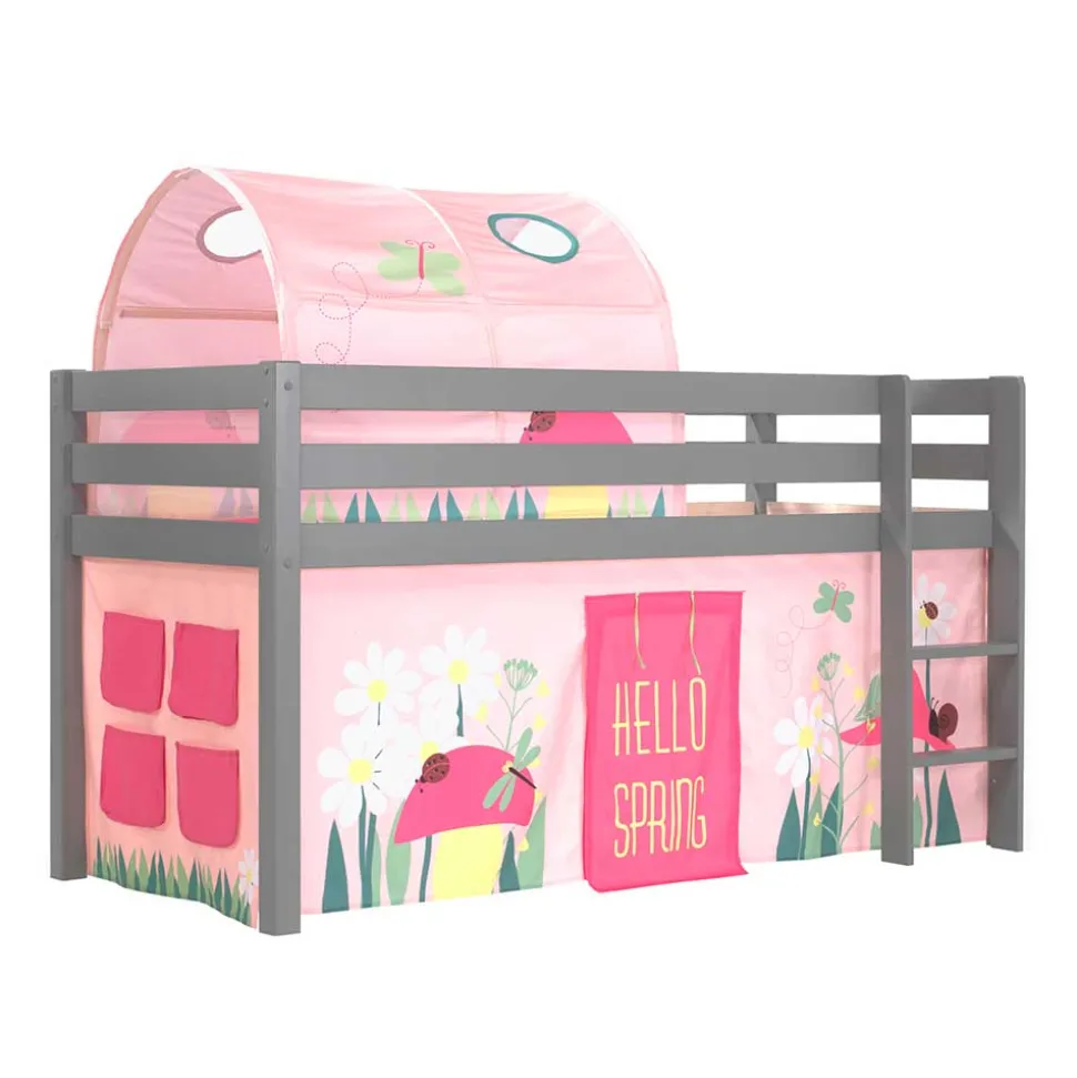 Graues Kiefernholz-Hochbettgestell mit Spieltunnel - Dannys