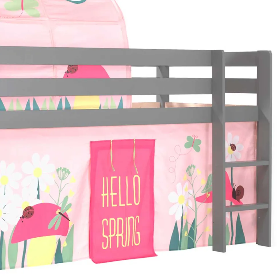 Graues Kiefernholz-Hochbettgestell mit Spieltunnel - Dannys