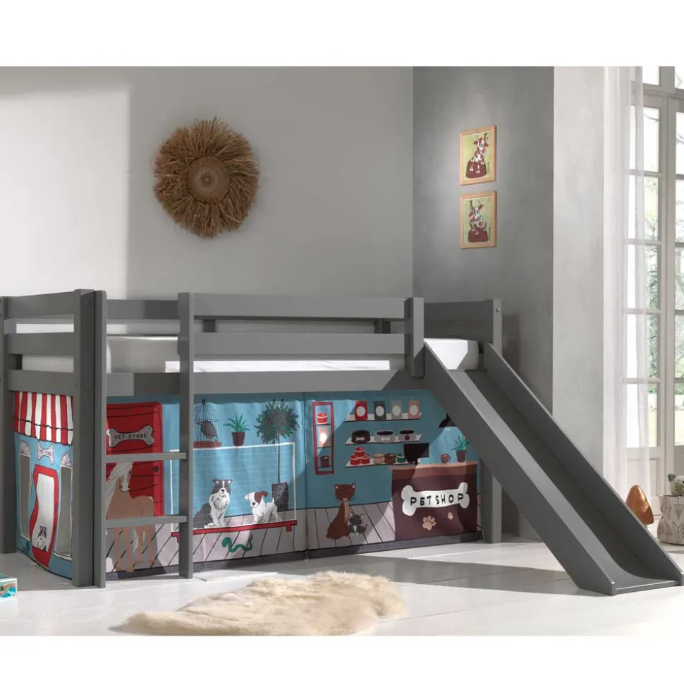 Graues Kinderhochbett mit Spielvorhang Tierladen - Lionca