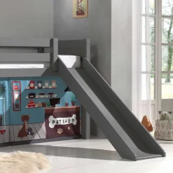 Graues Kinderhochbett mit Spielvorhang Tierladen - Lionca