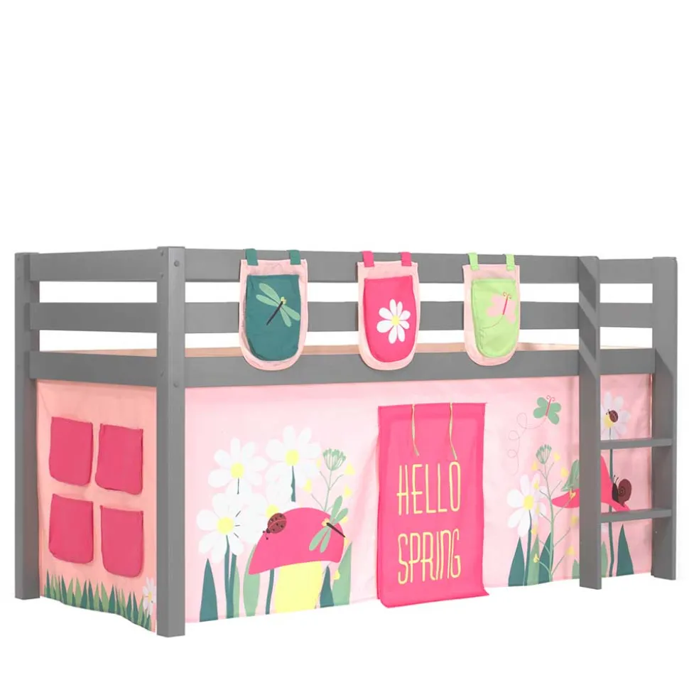 Graues Massivholz-Hochbett mit Vorhang & Taschen - Corsica