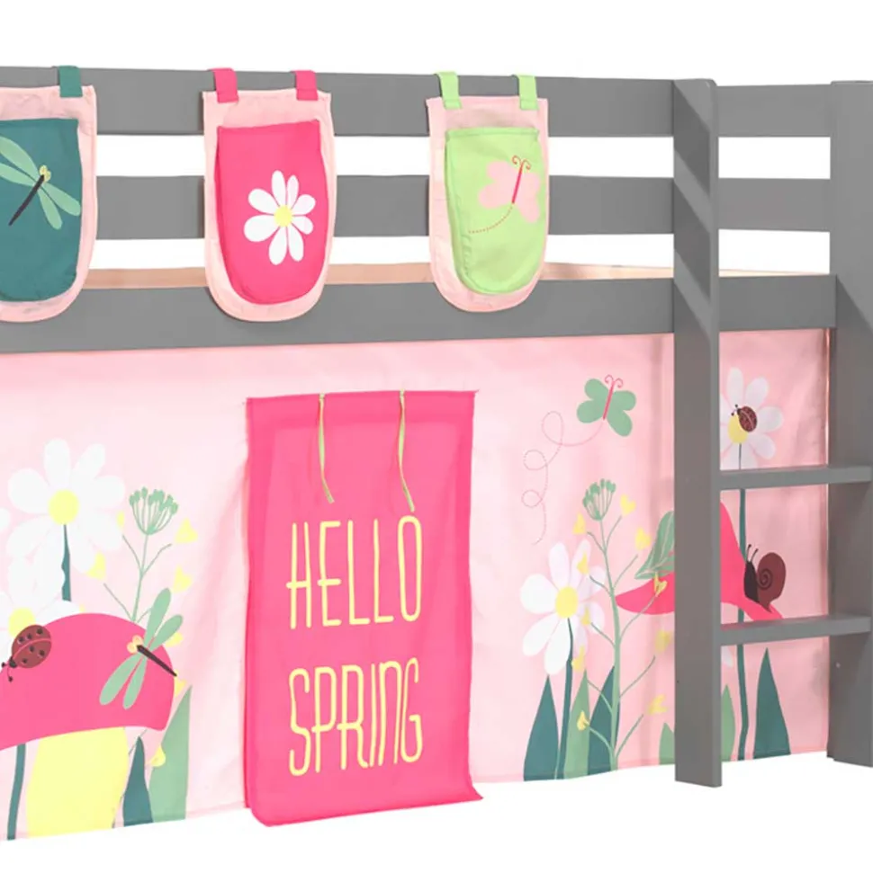 Graues Massivholz-Hochbett mit Vorhang & Taschen - Corsica