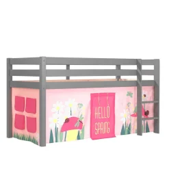 Graues Massivholz-Kinder-Hochbett mit Vorhang - Baptisto