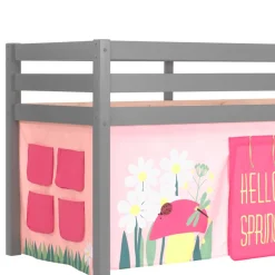 Graues Massivholz-Kinder-Hochbett mit Vorhang - Baptisto