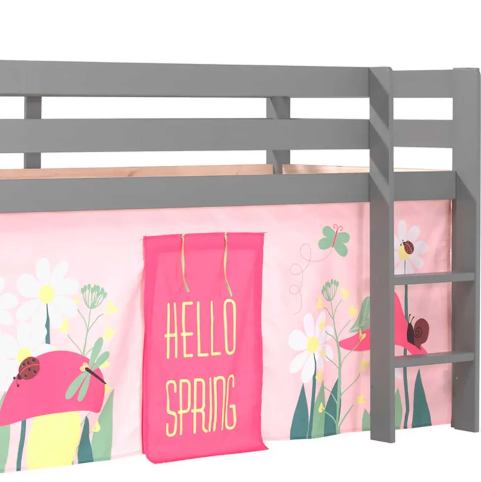 Graues Massivholz-Kinder-Hochbett mit Vorhang - Baptisto