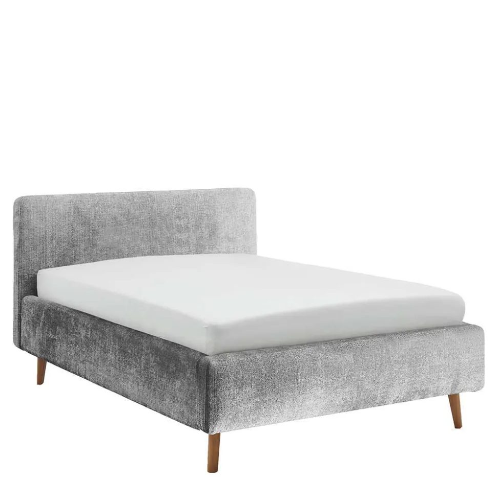 Graues Polsterbett mit Boucle Bezug und Holzfüßen - Endrov