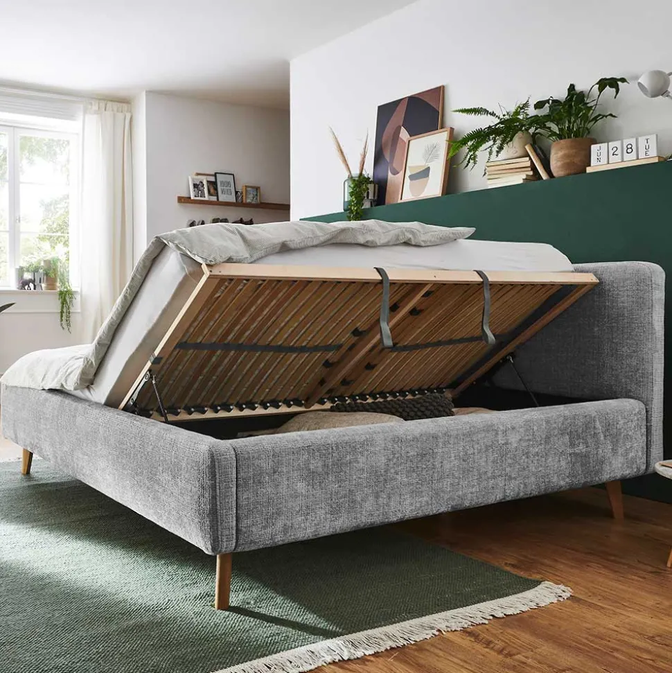 Graues Polsterbett mit Boucle Bezug und Holzfüßen - Endrov