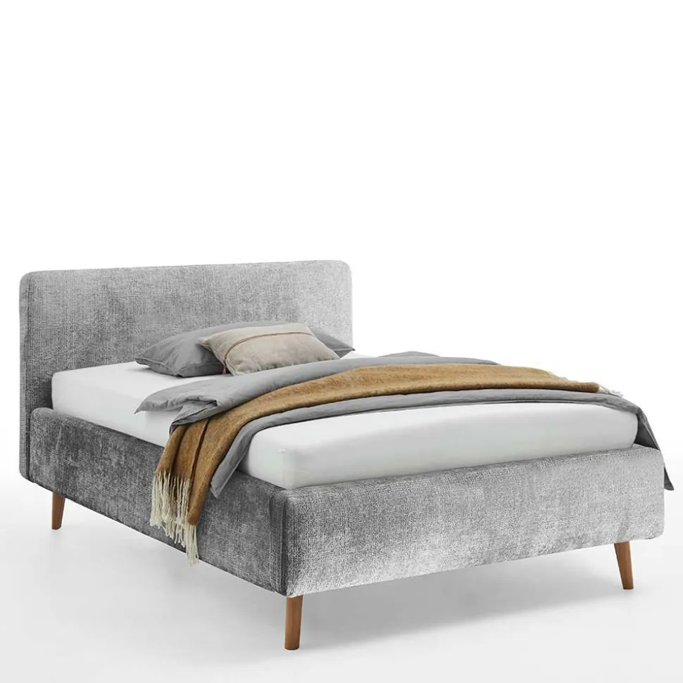 Graues Polsterbett mit Boucle Bezug und Holzfüßen - Endrov