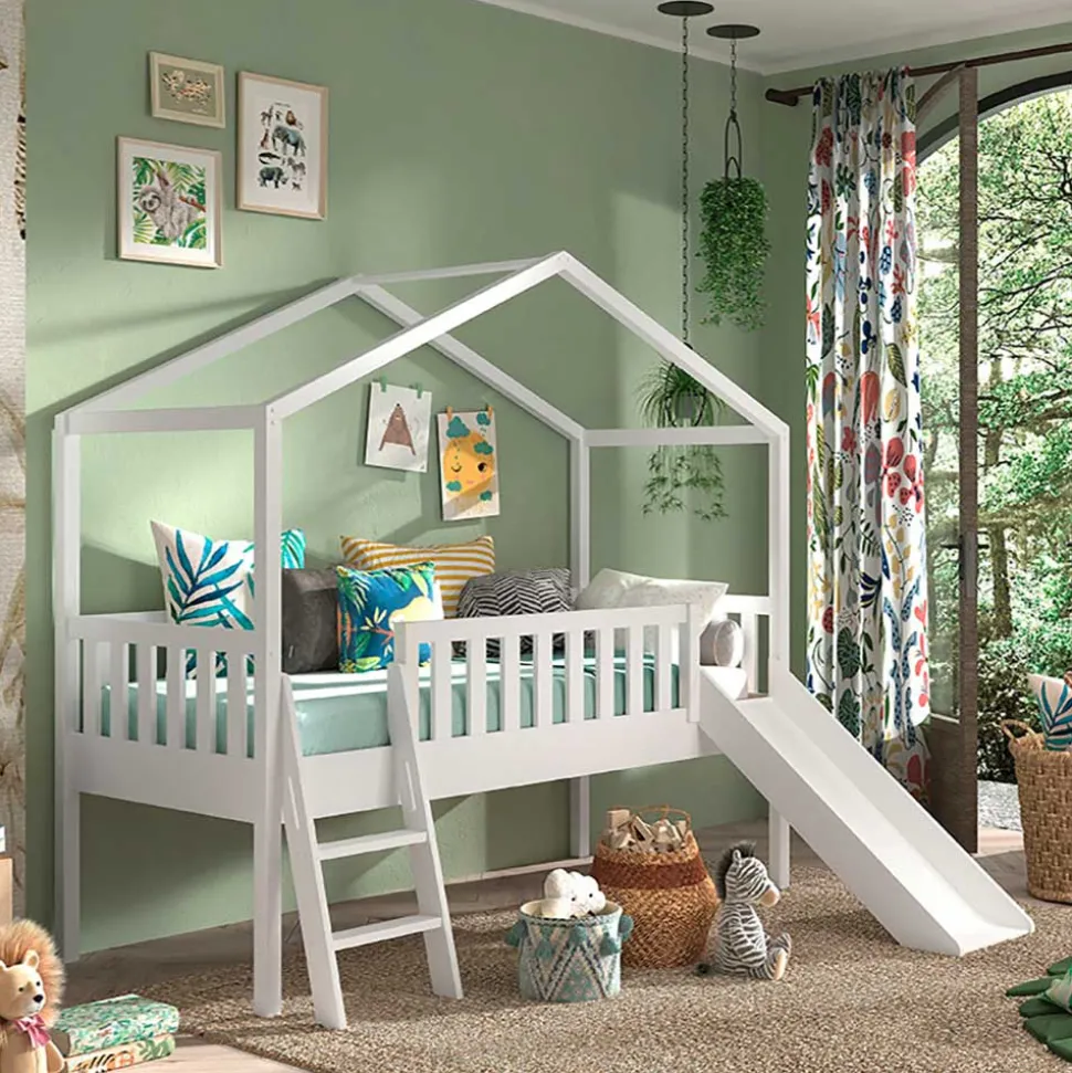 Halbhohes Hochbett mit Hausdach & Rutsche - Graphit