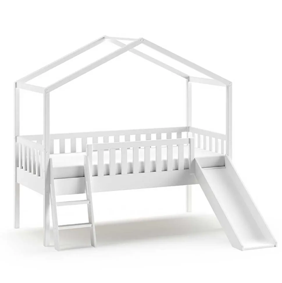 Halbhohes Hochbett mit Hausdach & Rutsche - Graphit