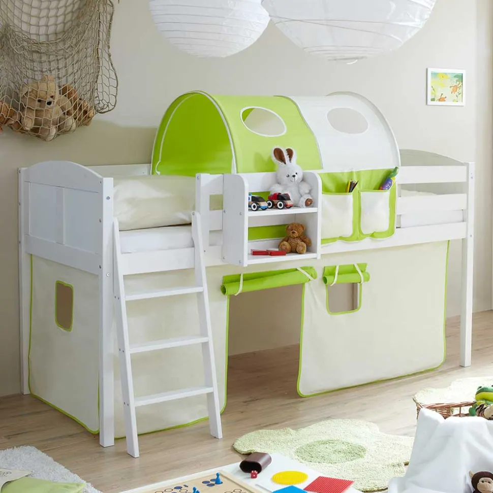 Halbhohes Kiefernholz Kinderbett in Weiß - Camelo