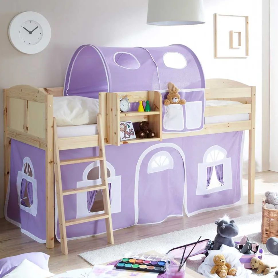 Halbhohes Massivholzbett für Kinder aus Kiefer - Aront