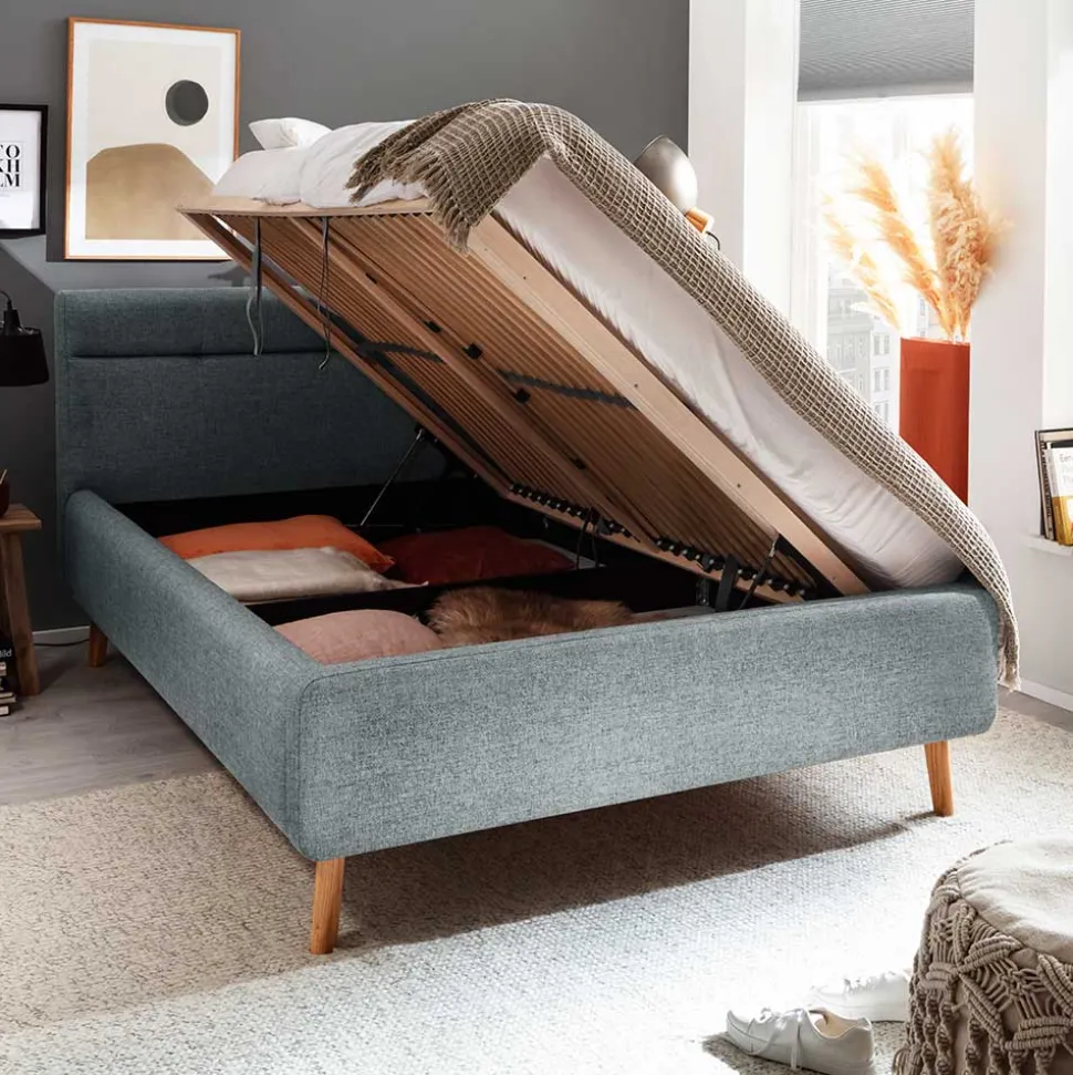 Hellblaues Polsterbett mit Bettkasten - Annelie