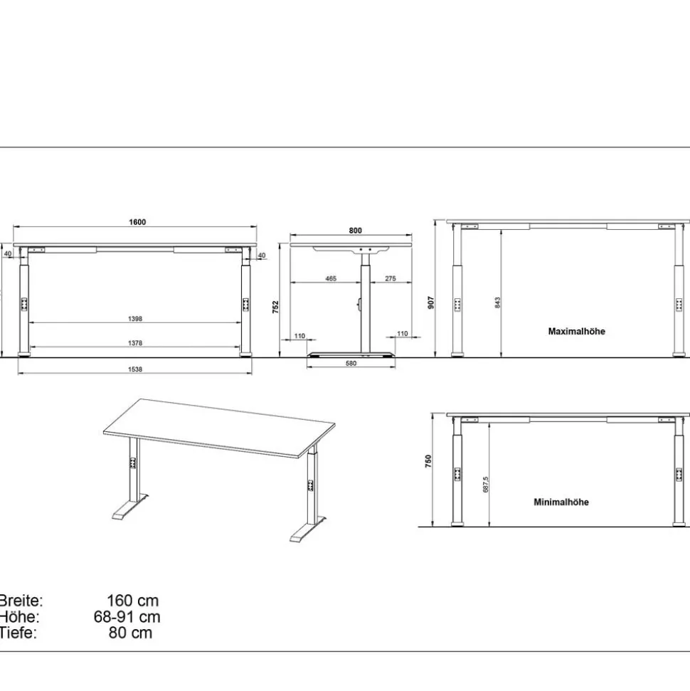 Höhenverstellbarer Office-Tisch in Hellgrau - Clemeta