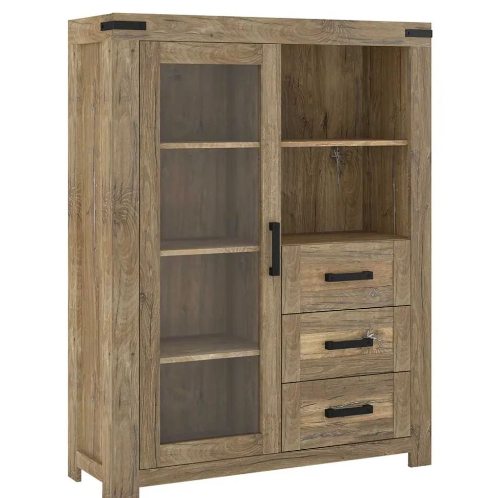 Highboard in Eiche Dunkel mit Glaseinsatz - Hilary