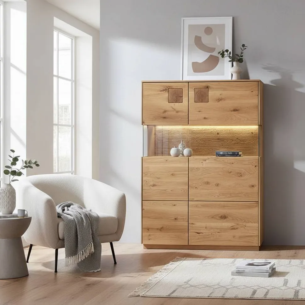 Highboard mit Glaseinsatz aus Wildeiche massiv - Millena