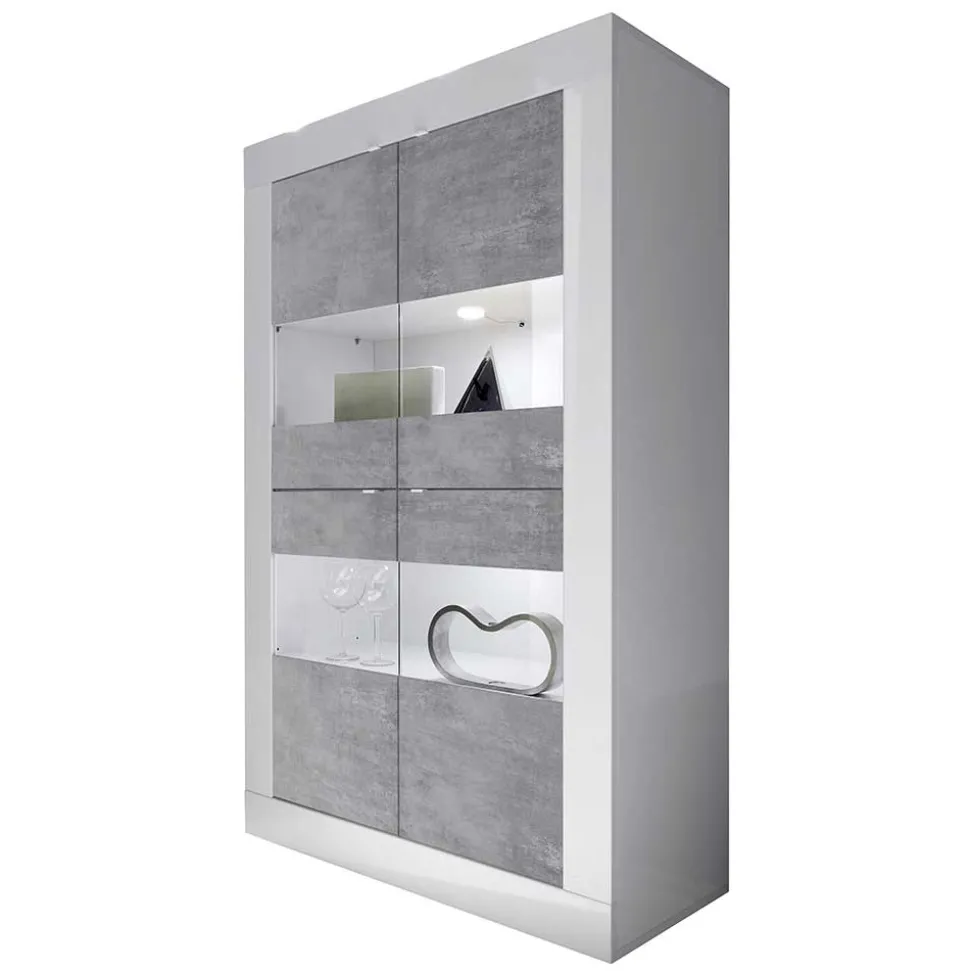 Highboard Vitrine in Beton Optik & Weiß HG - Narandu