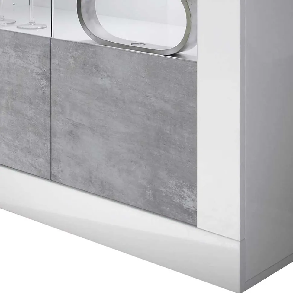 Highboard Vitrine in Beton Optik & Weiß HG - Narandu