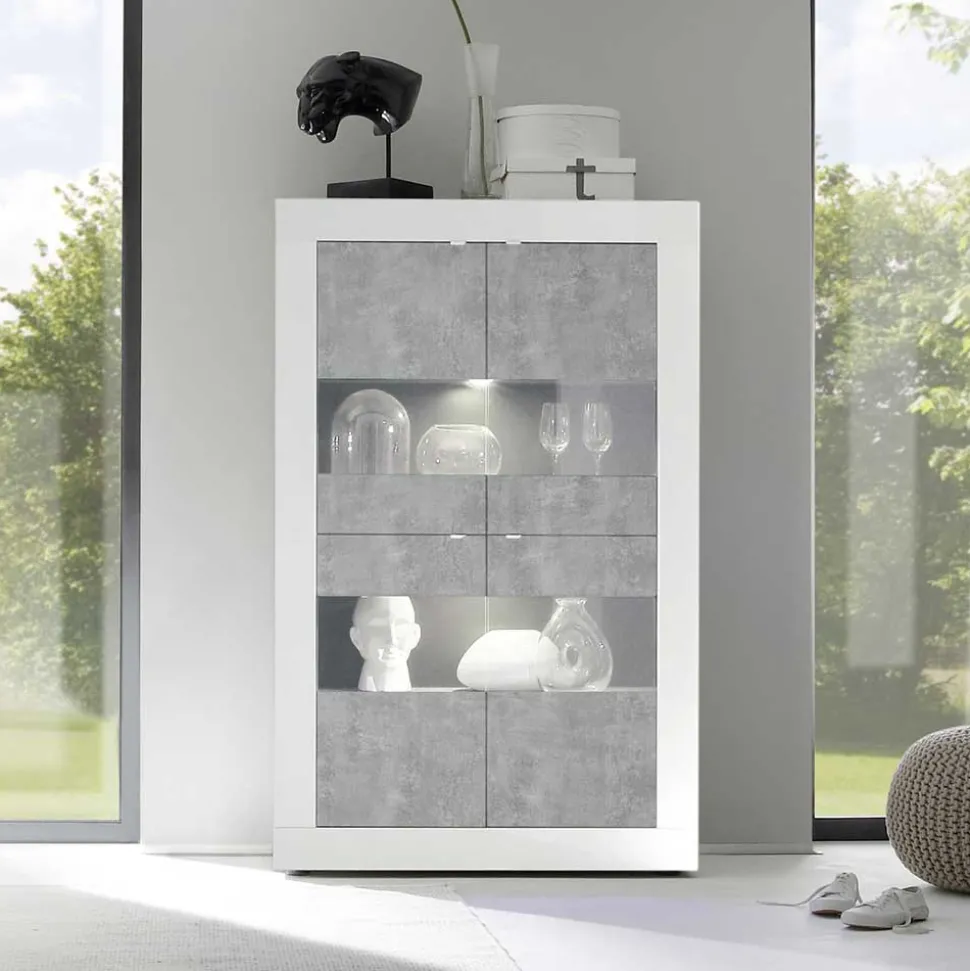 Highboard Vitrine in Beton Optik & Weiß HG - Narandu