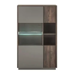 Highboard Vitrine in Eiche Dunkel & Grau - Mundo
