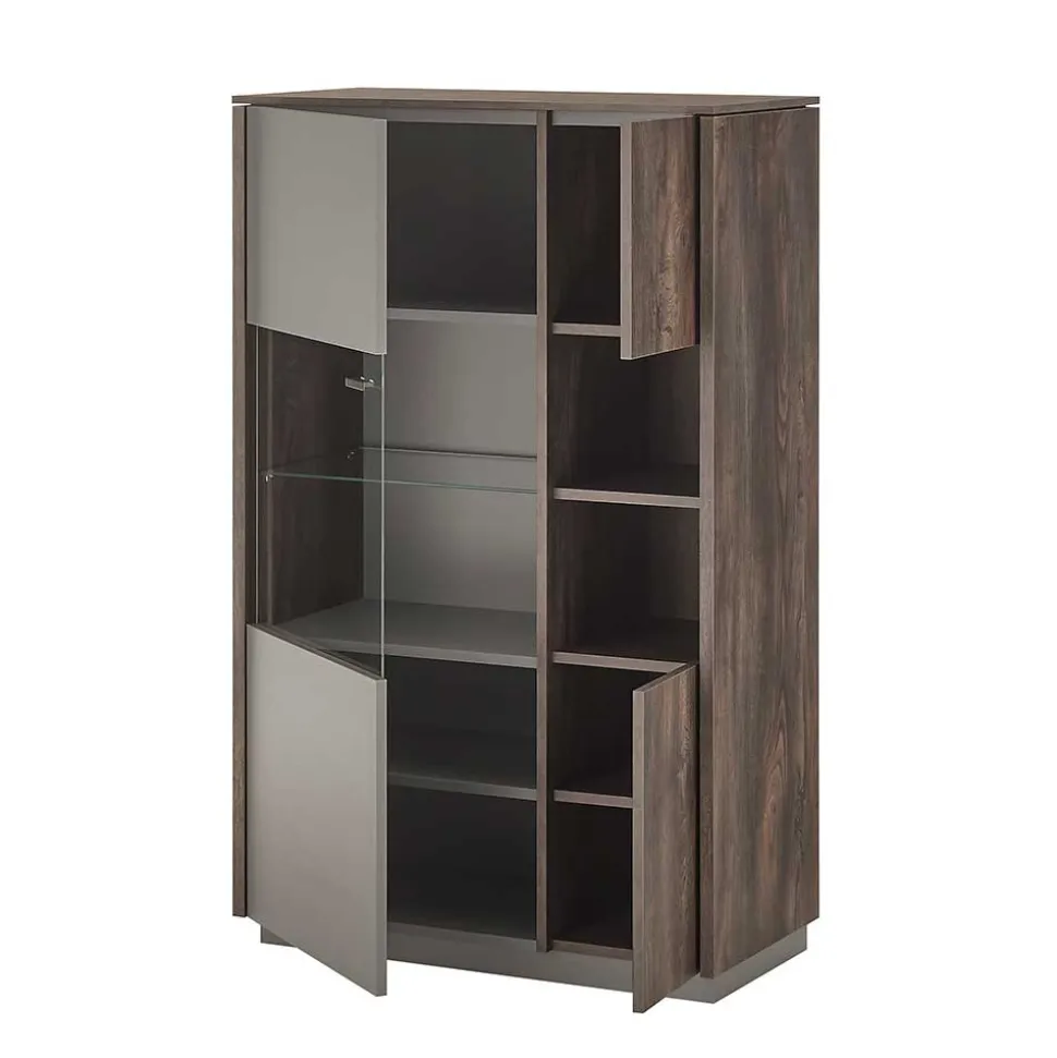 Highboard Vitrine in Eiche Dunkel & Grau - Mundo