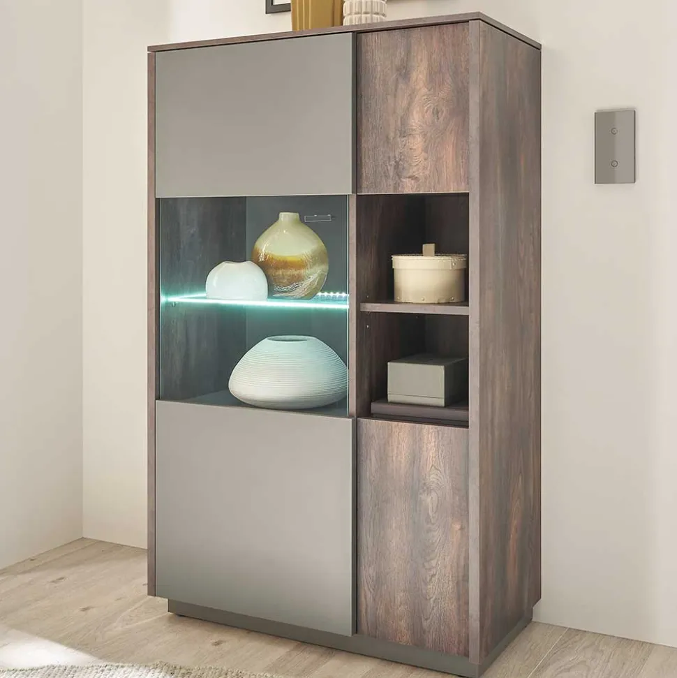 Highboard Vitrine in Eiche Dunkel & Grau - Mundo
