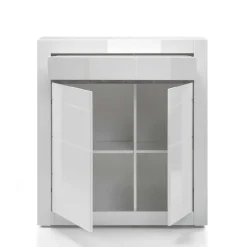 Hochglanz Highboard in Weiß Mextra mit Absetzung in Beton Optik