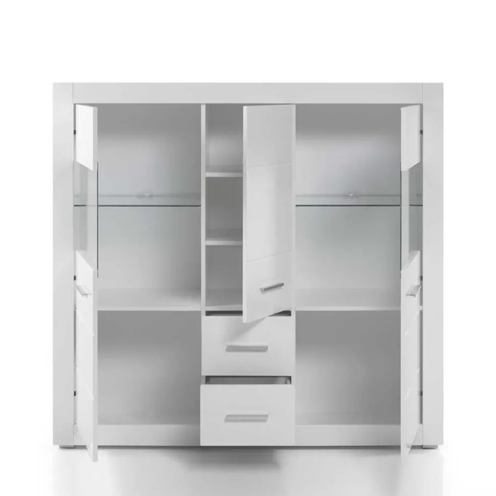 Hochglanz Highboard in Weiß mit Glas Yulis 3-türig