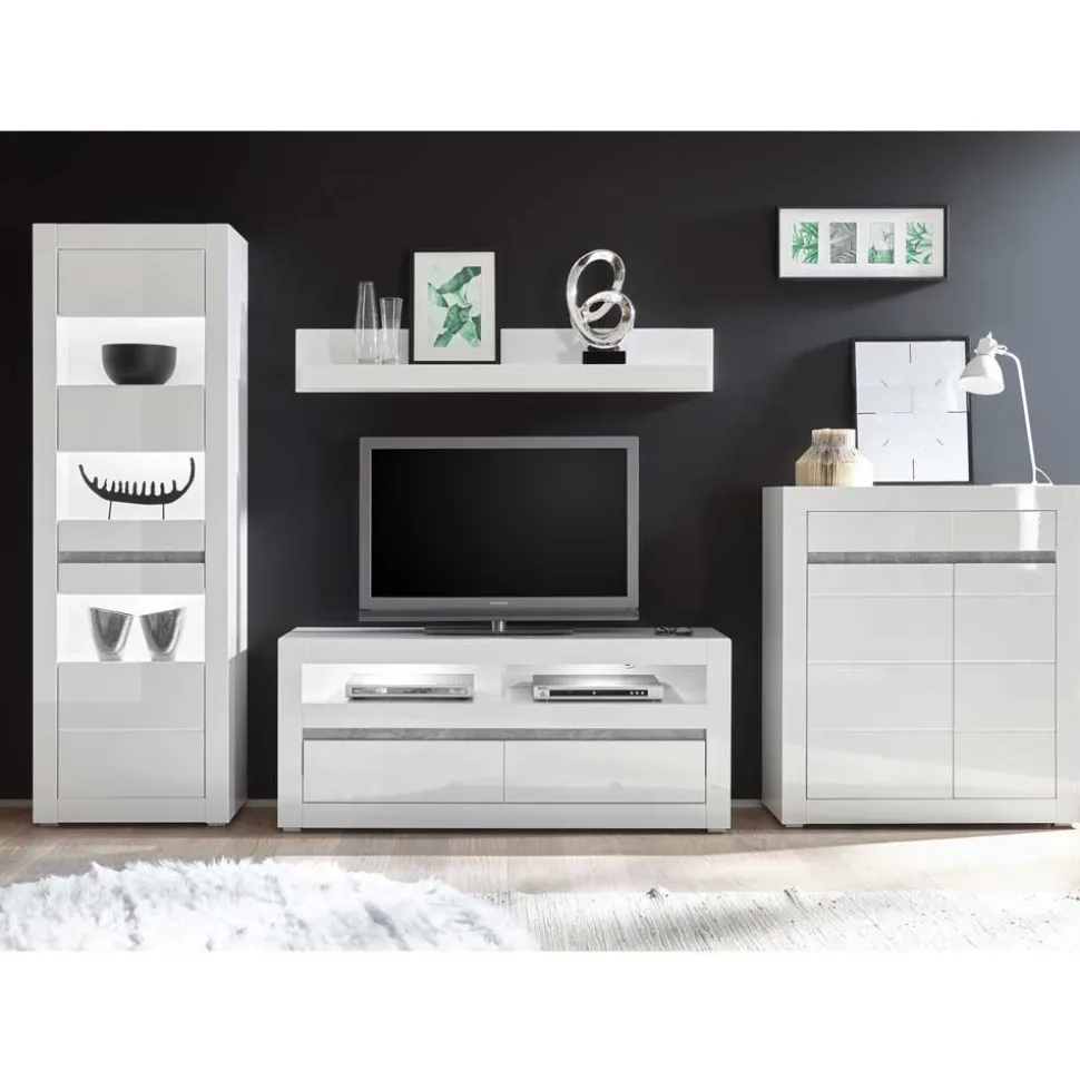 Hochglanz TV Anbauwand in Weiß Mextra mit Beton Dekor (vierteilig)