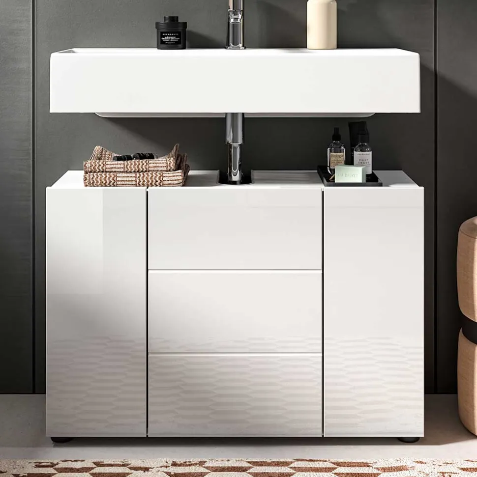 Hochglanz Waschbeckenschrank in Weiß foliert - Vitablos