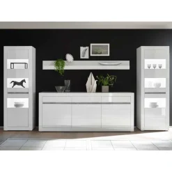 Hochglanz Wohnkombination in Weiß Mextra mit Beton Dekor & Glas (vierteilig)