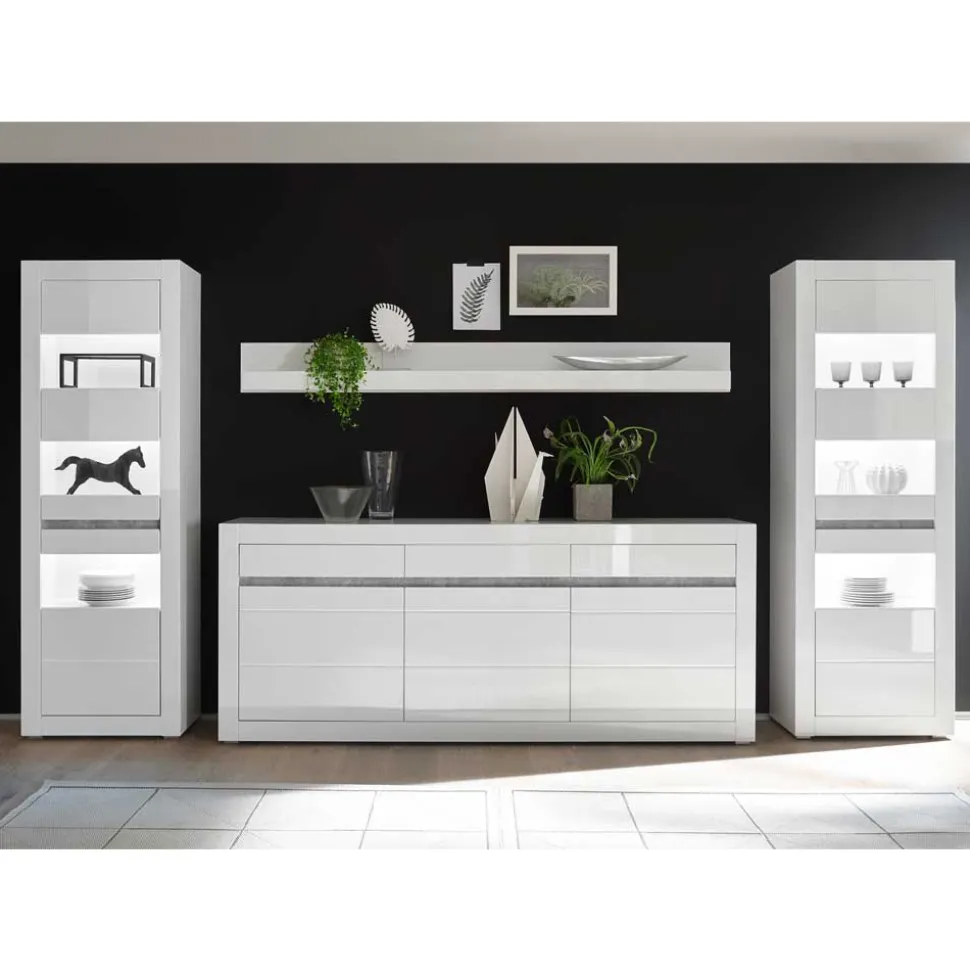 Hochglanz Wohnkombination in Weiß Mextra mit Beton Dekor & Glas (vierteilig)