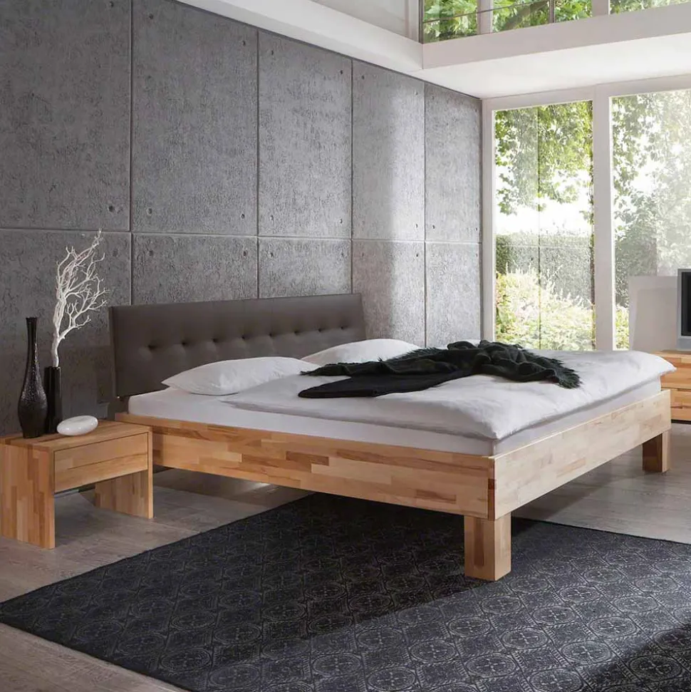 Holzbett massiv Wins mit Polster-Kopfteil Kunstleder Dunkelbraun