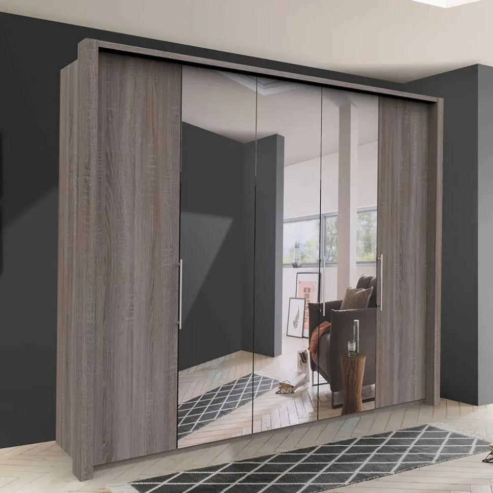 Holzoptik Kleiderschrank mit Spiegel - Crenba