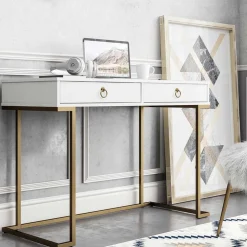 Home Office Schreibtisch in Weiß und Messing - Luco